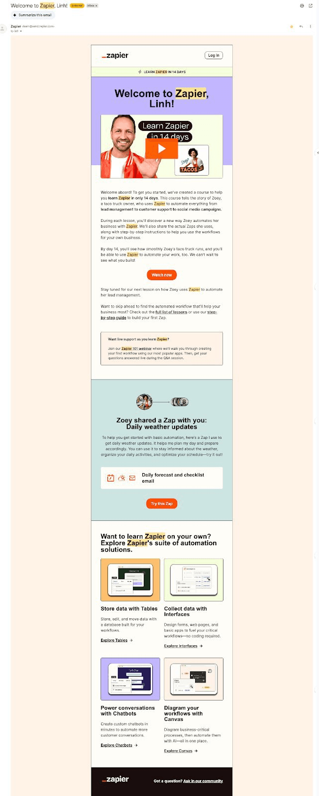 Zapier’s new customer welcome email.