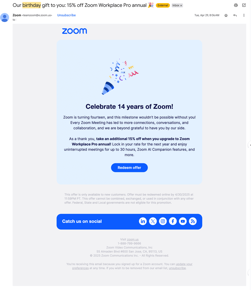 Loyalty program email example: Zoom.