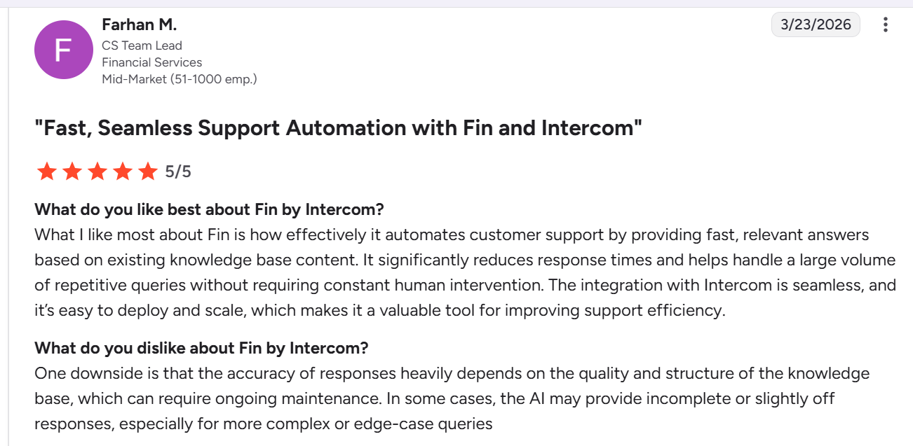 G2 review about support automation with Intercom.