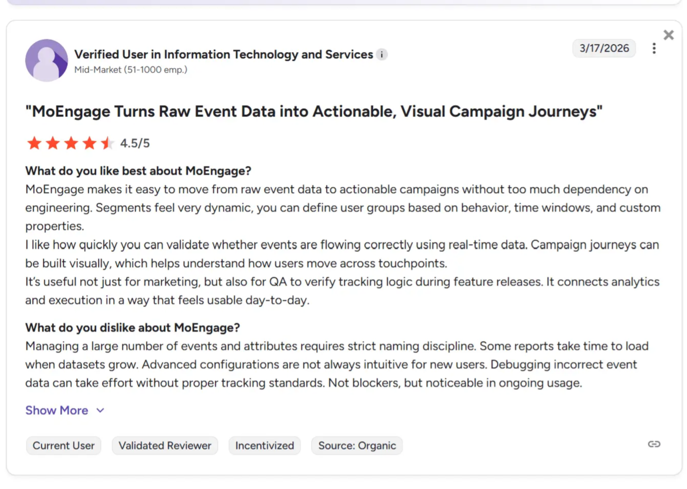 G2 review showing MoEngage's pros and cons.