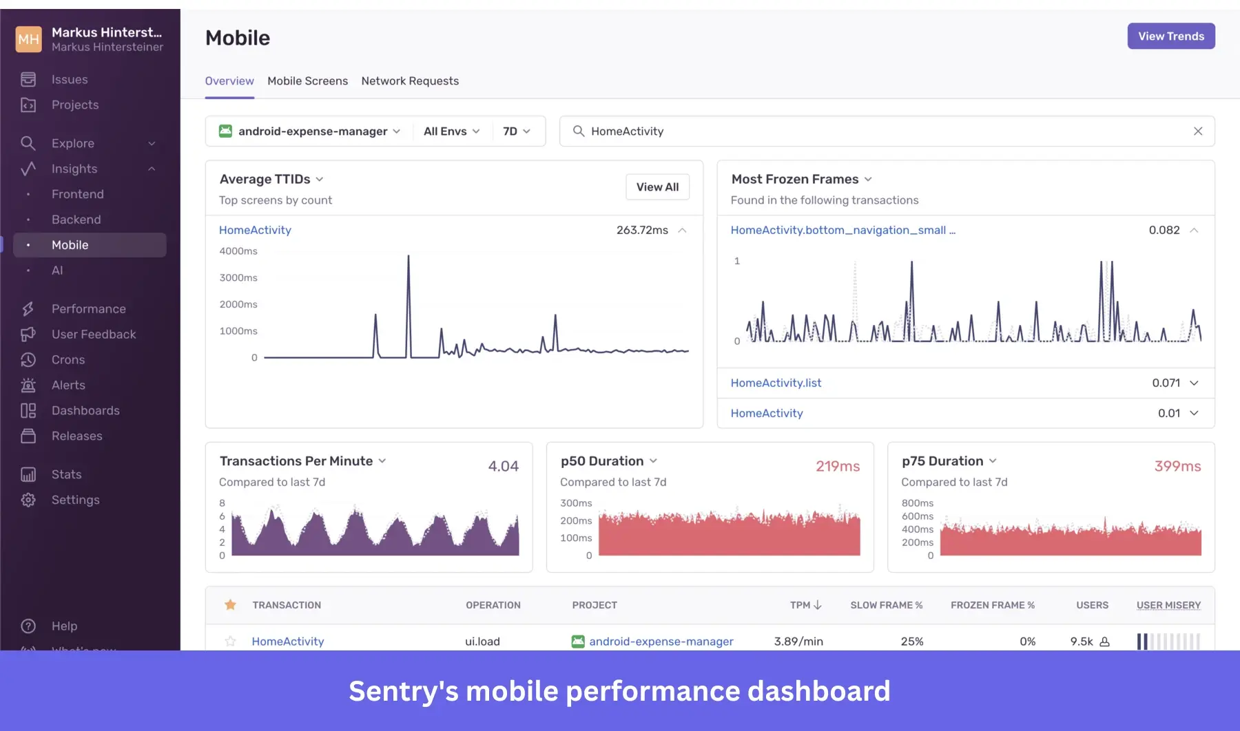 Performance overview page showing user behavior data in Sentry.