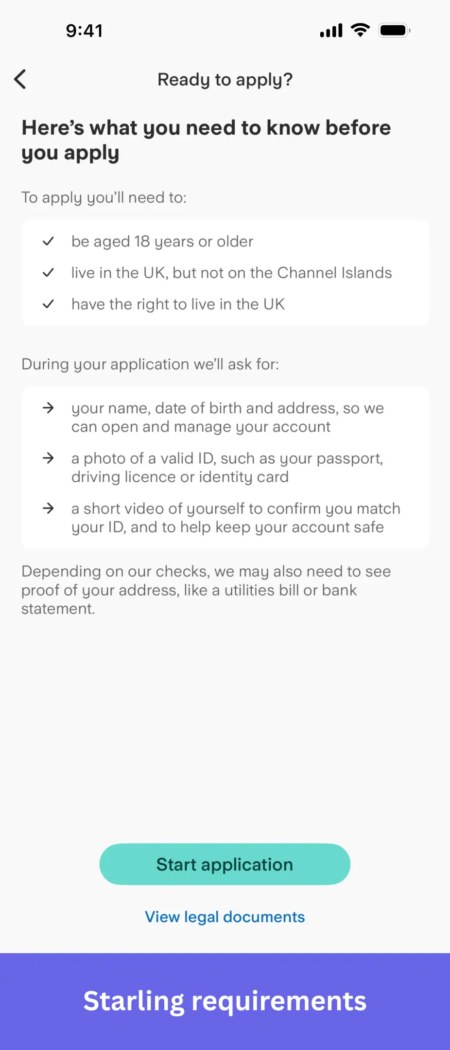 Starling digital onboarding notice for financial data. Starling telling you what you need to apply for an account.