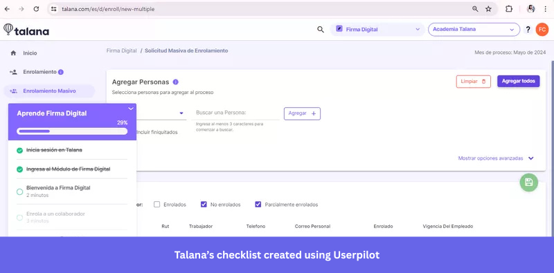 Screenshot showing the onboarding checklist that Talana used Userpilot to create.