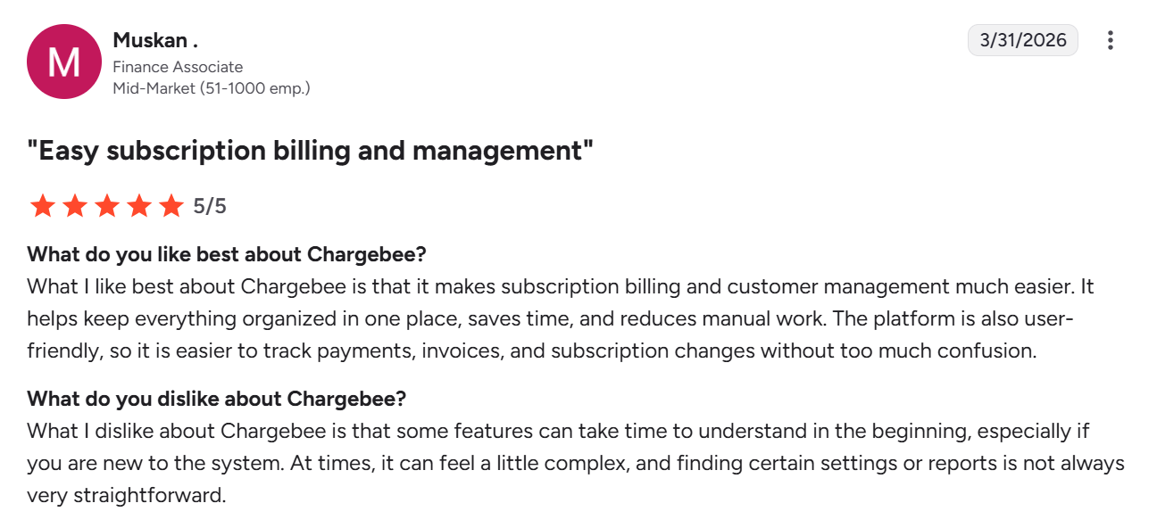 G2 review about how Chargebee helps subscription companies.