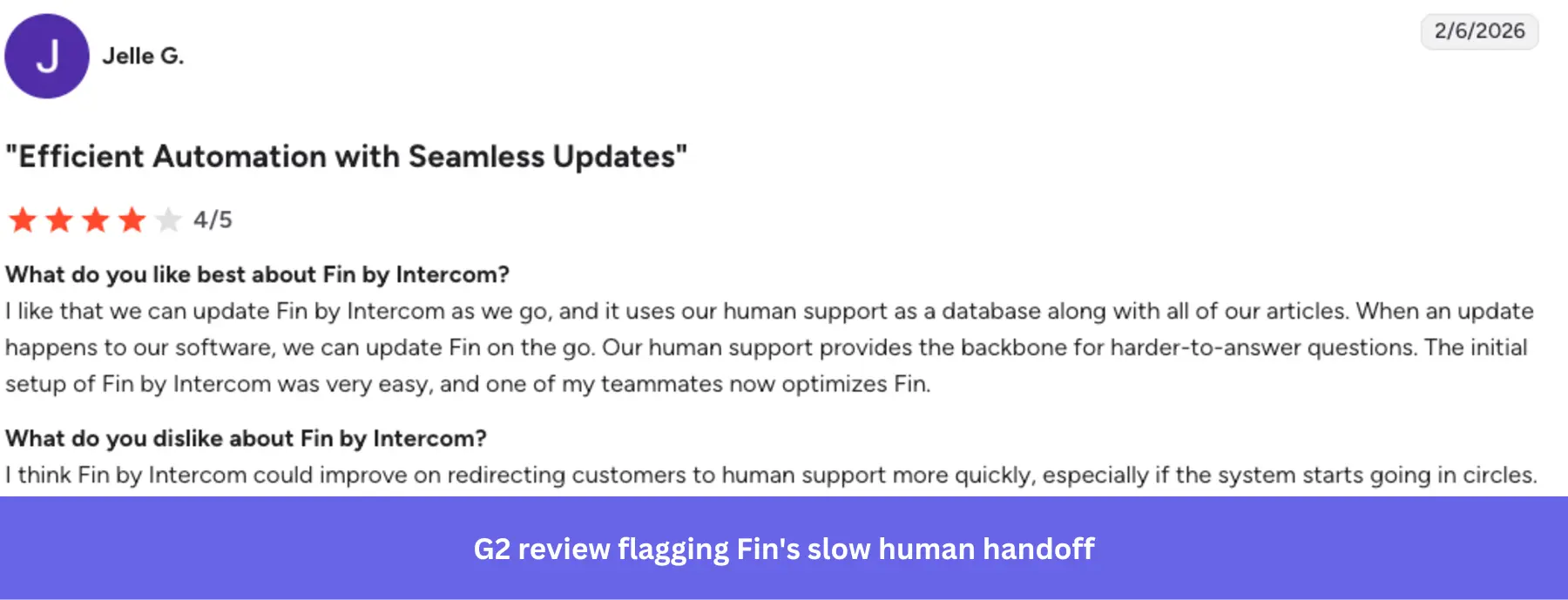 G2 reviewer flagging slow human handoff as the main friction point.