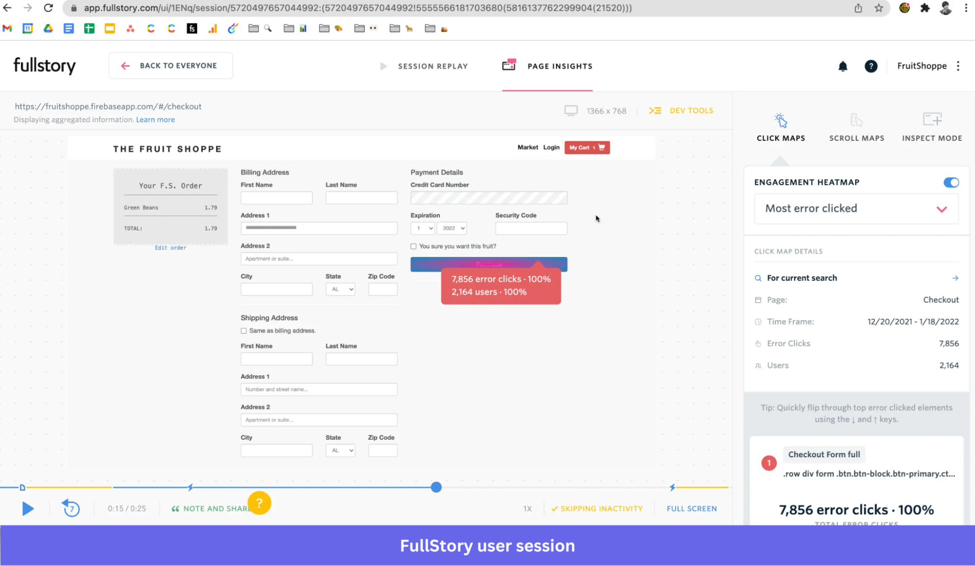 FullStory session replay and technical diagnostics view