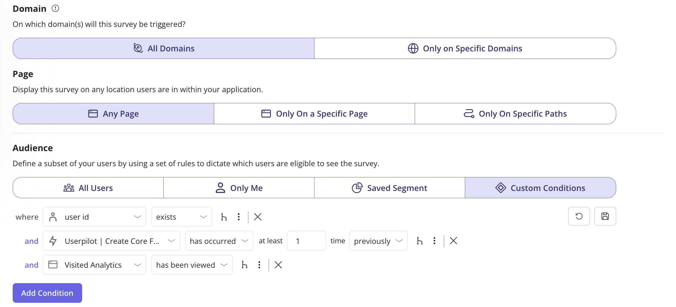 survey condition settings in userpilot