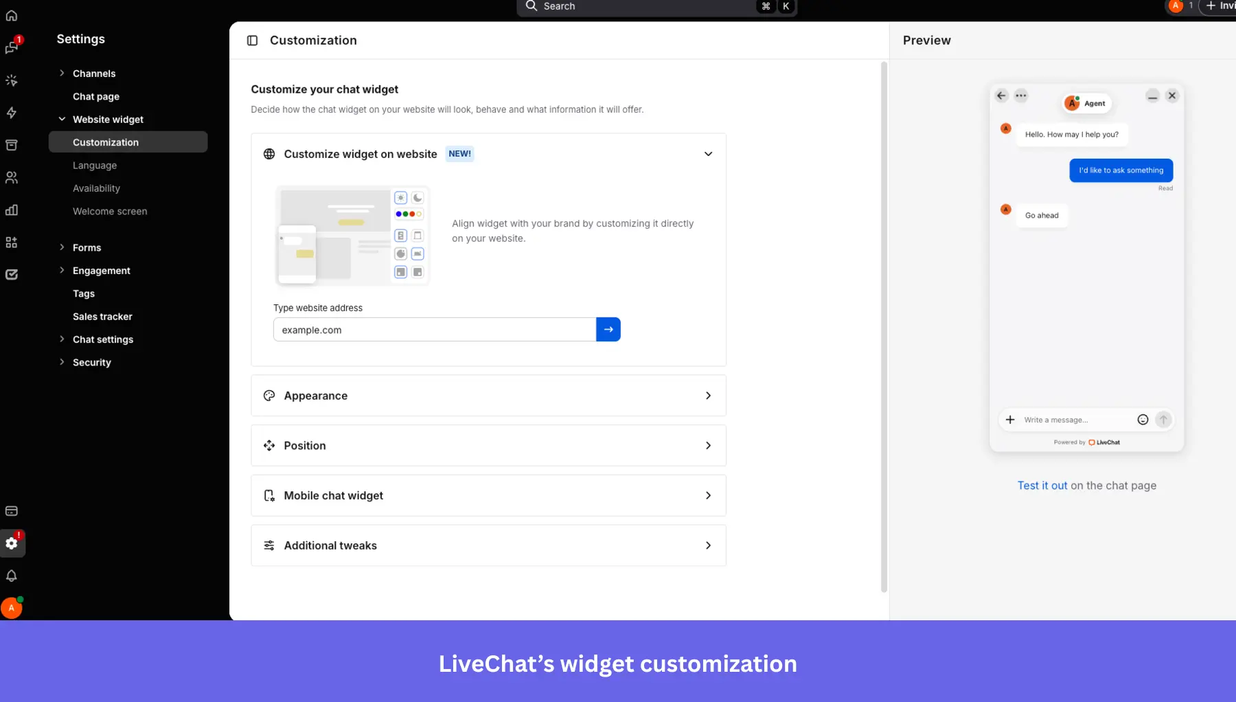 Screenshot of the LiveChat "Customization" settings dashboard for a website widget.