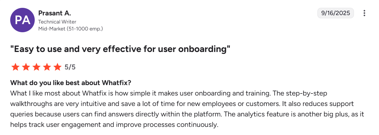 Whatfix's onboarding features save time and reduce support tickets.