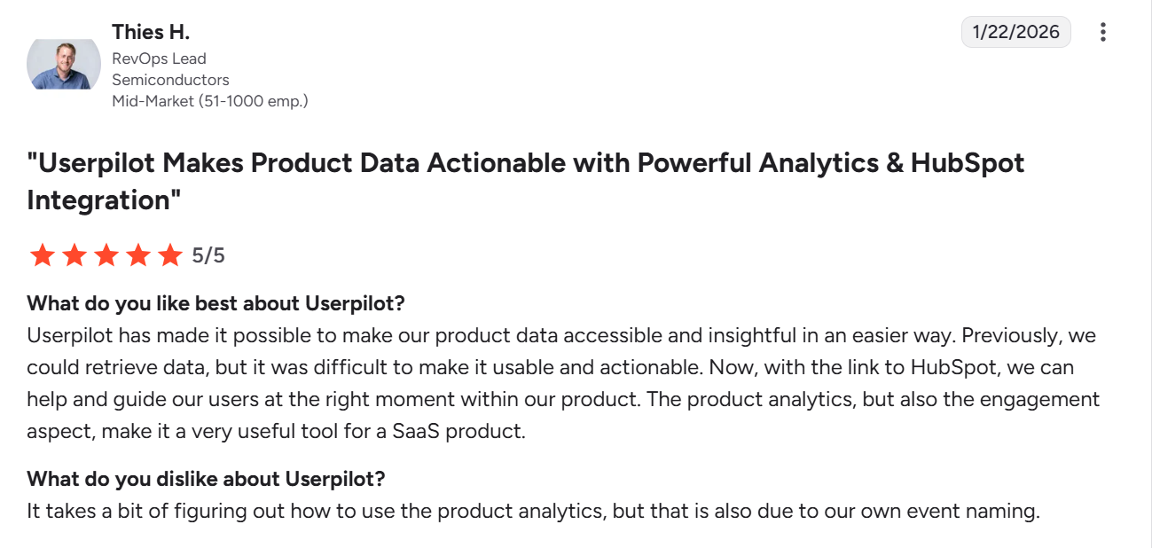 G2 review about how Userpilot empowers data-driven decisions.