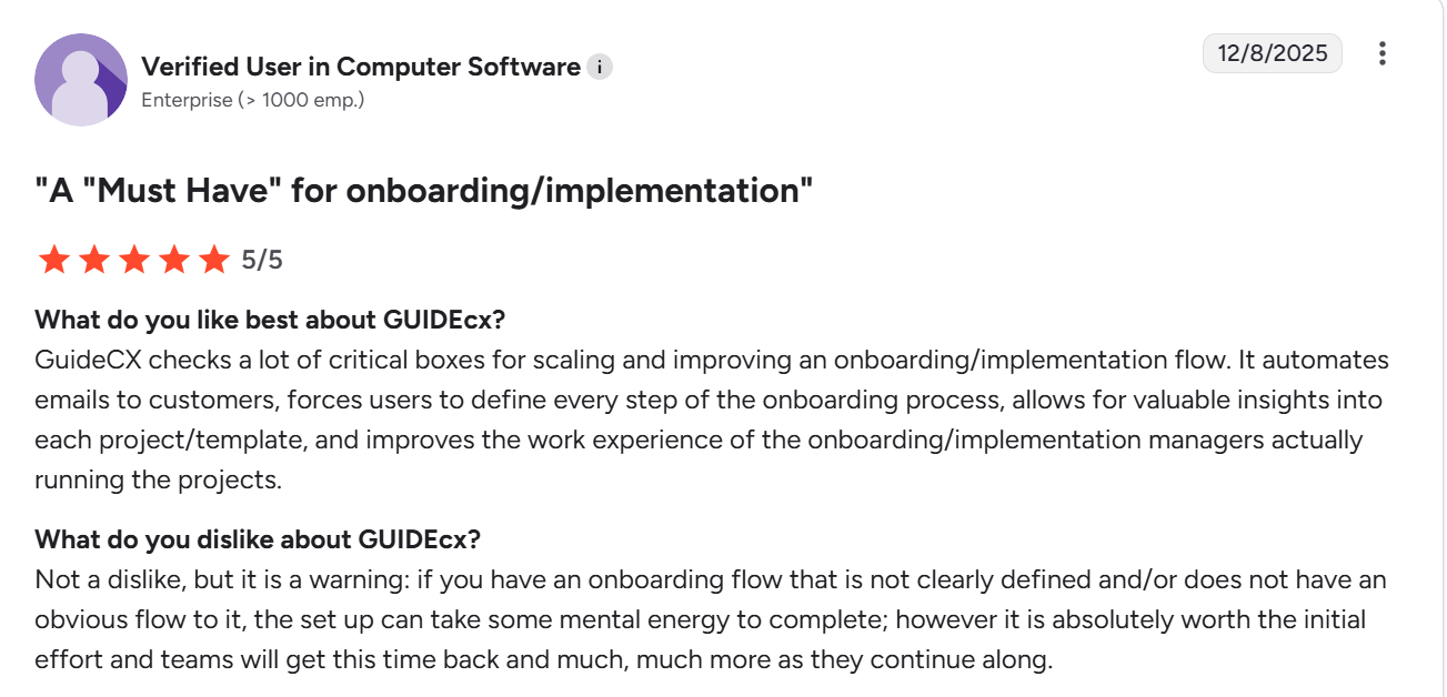 G2 review showing GuideCX's pros and con.