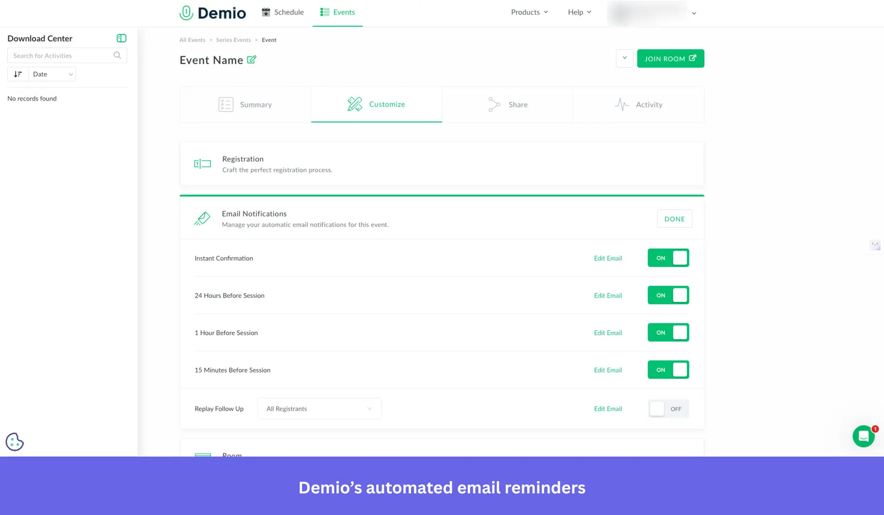 Screenshot of the Demio webinar customization dashboard specifically showing the "Email Notifications" section.
