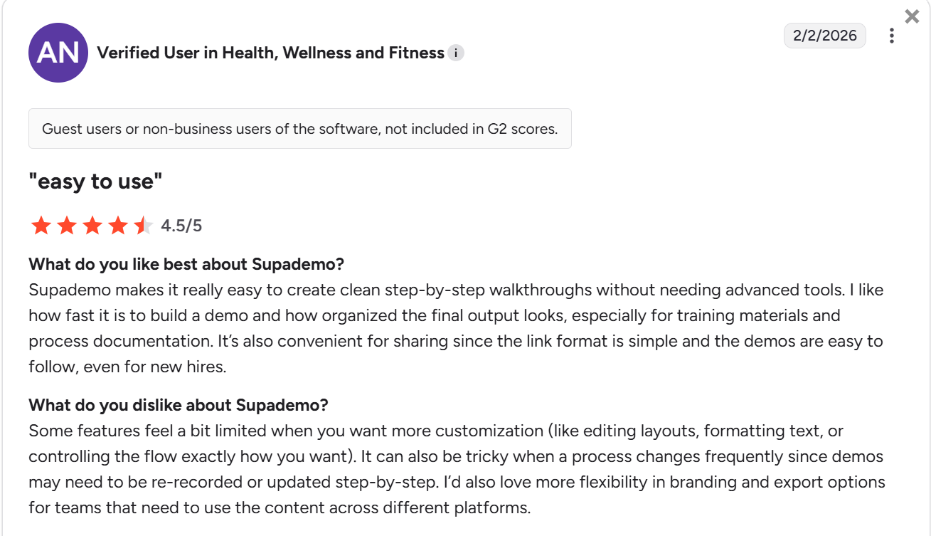 Review about Supademo's ease of building in-app onboarding experiences.