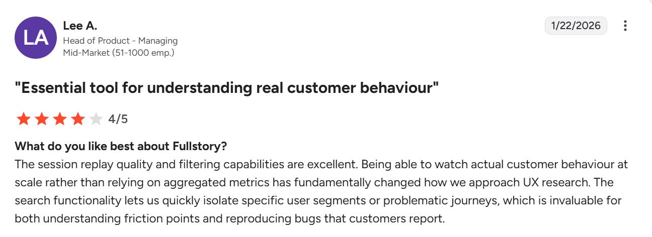 A G2 review describing FullStory's analytics capabilities.
