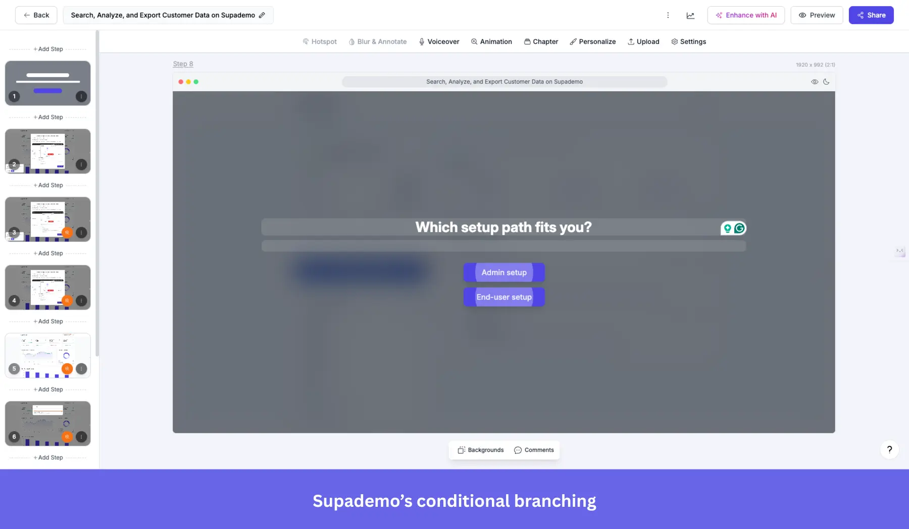 Screenshot of the Supademo editor showing a "Conditional branching" step in a product walkthrough.