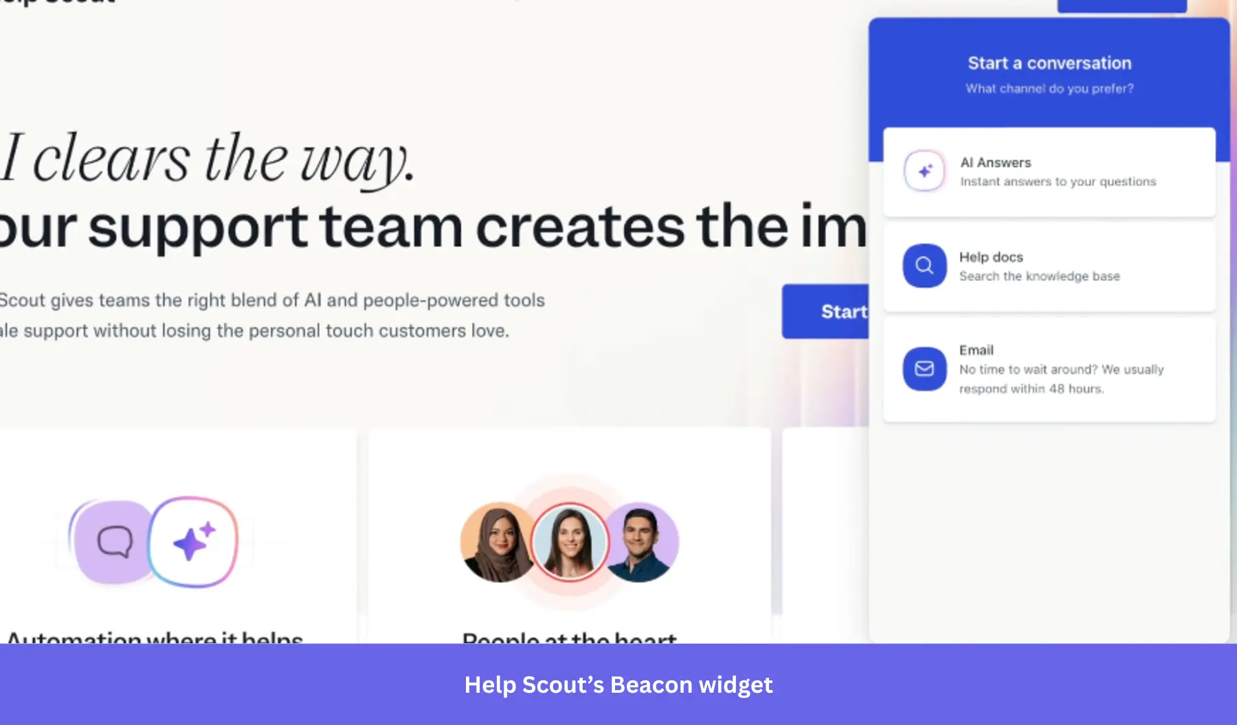 Screenshot of the Help Scout website featuring the "Beacon" support widget.