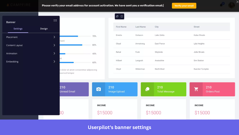 Userpilot's banner settings for in-app placement and design