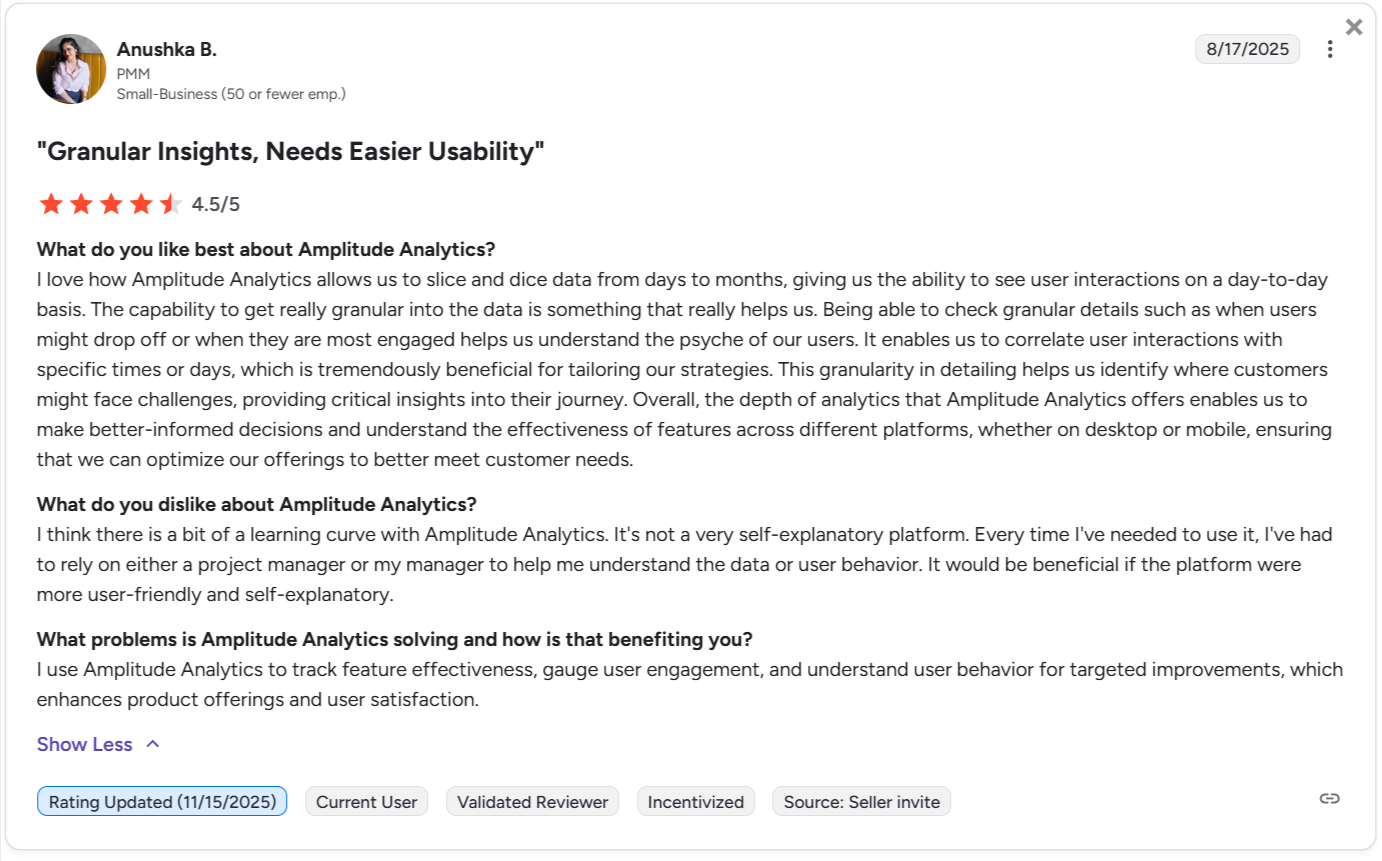 Amplitude positive G2 review despite manual setup.