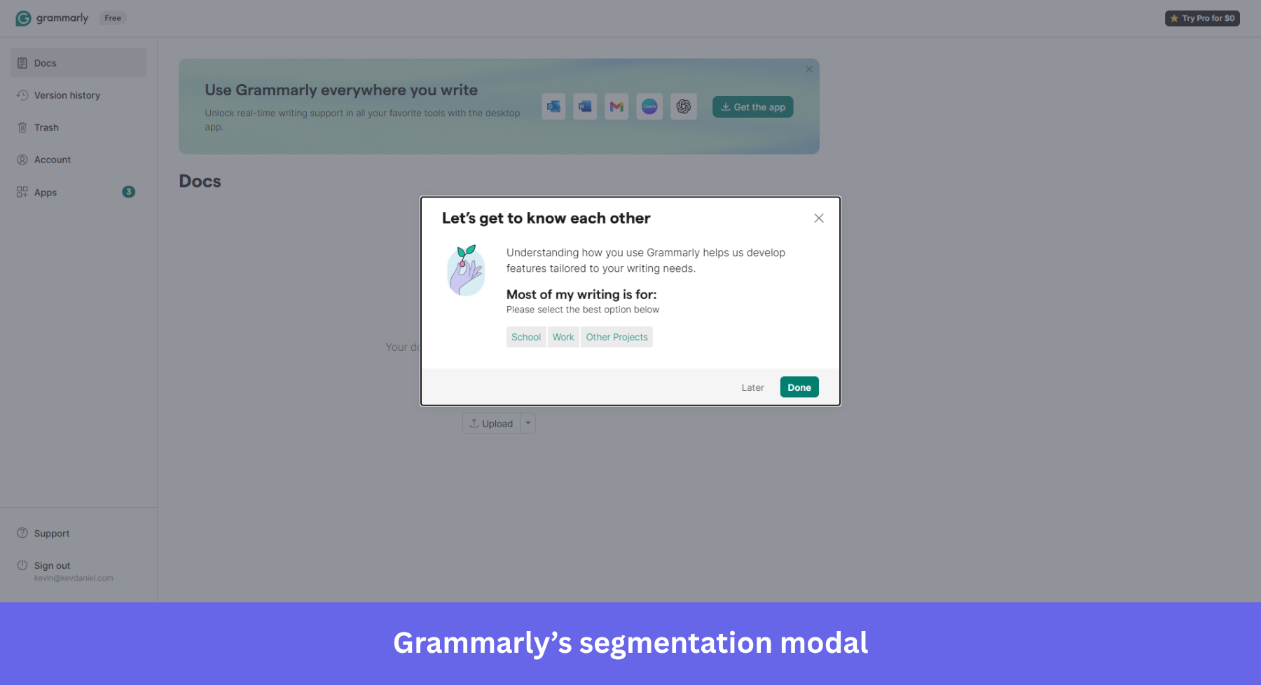 Grammarly onboarding modal.