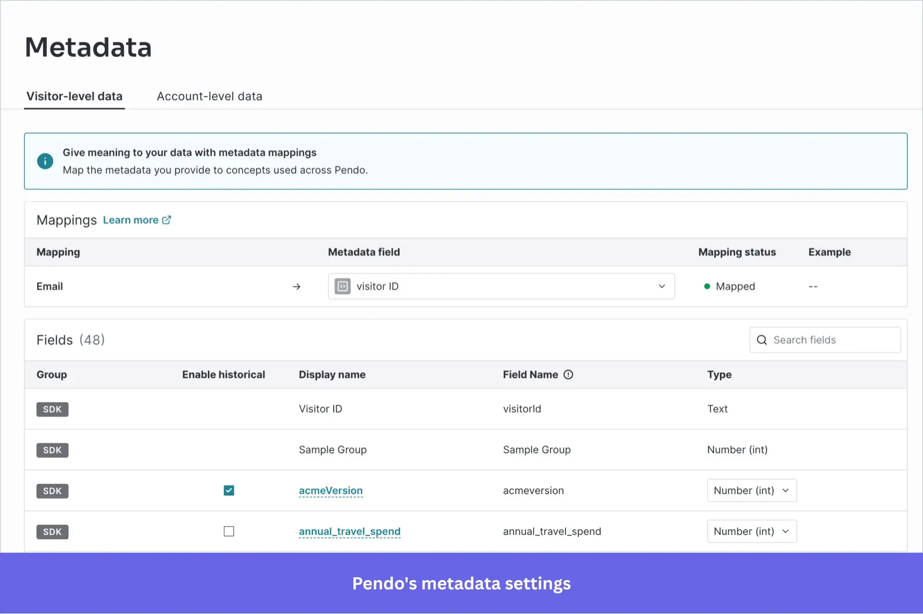 Pendo’s metadata settings.