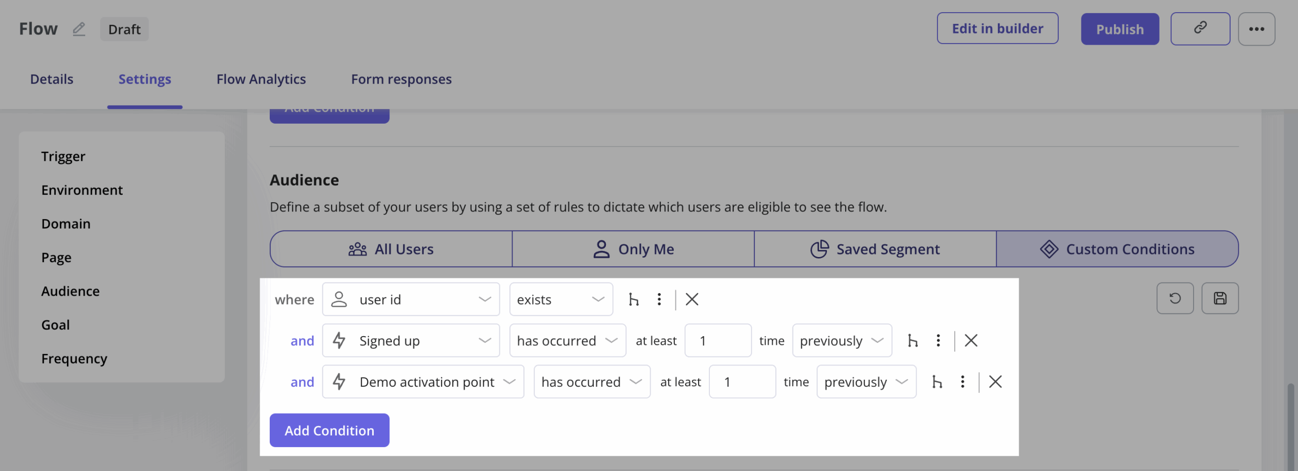 Userpilot flow targeting settings with domain, page, and custom audience segmentation