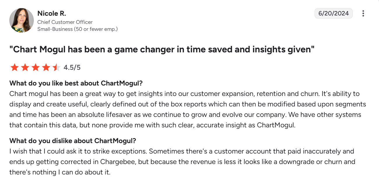 G2 review about ChartMogul's subscription analytics.