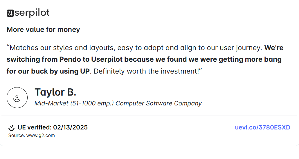 Taylor's review after switching to Userpilot.