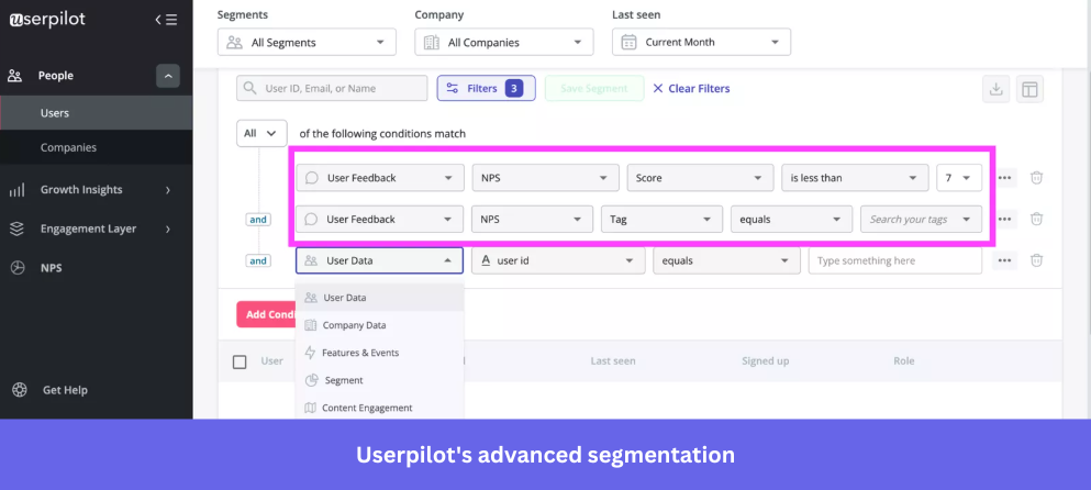Advanced segmentation backend in Userpilot’s analytics
