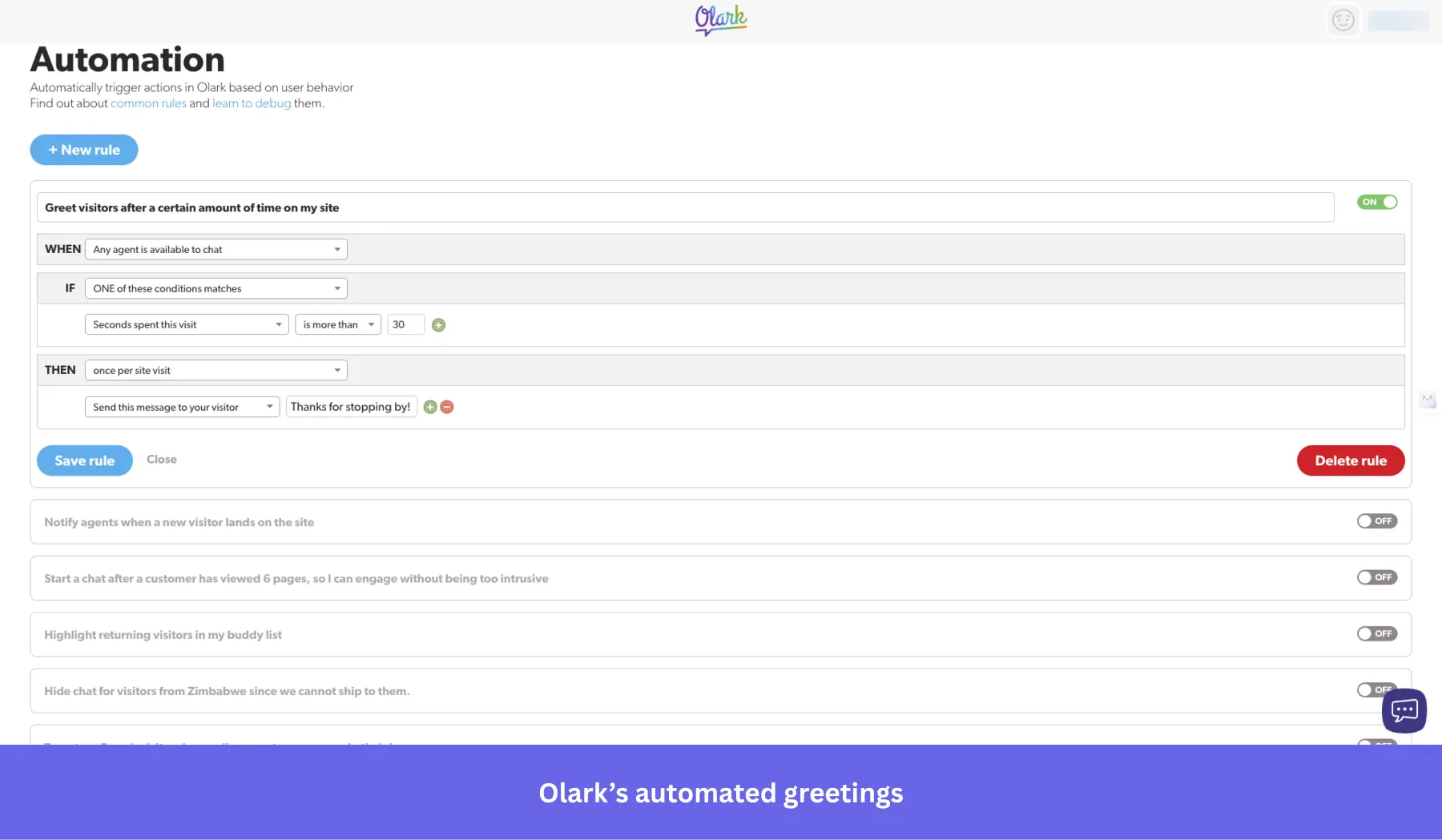Olark automated greetings builder