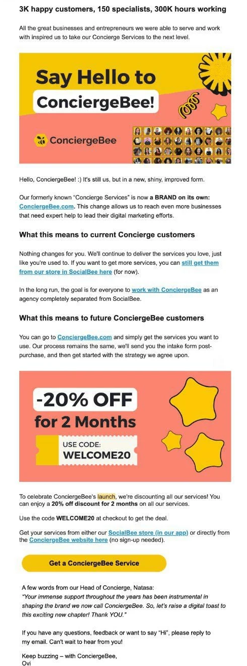 SocialBee ConciergeBee product launch email.