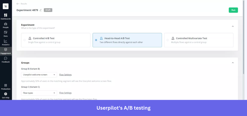 Userpilot's dashboard for A/B testing