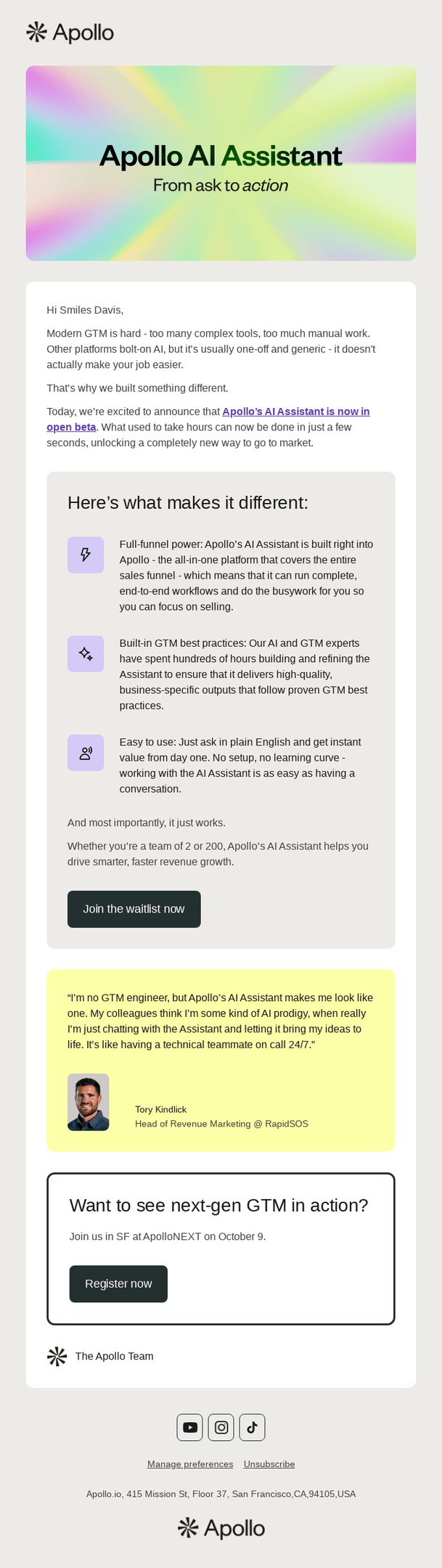 Apollo AI assistant beta invite email
