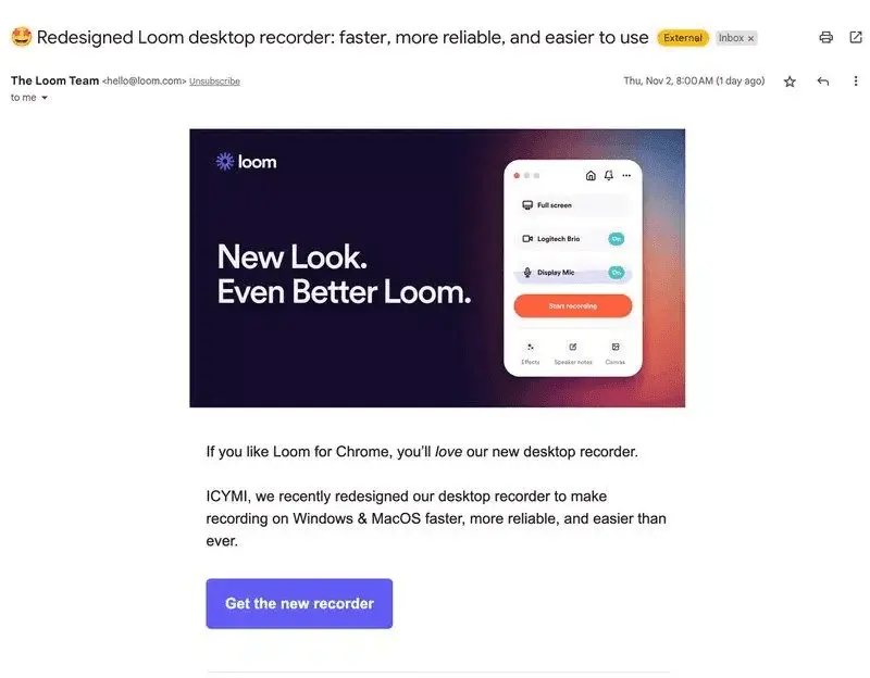 Loom’s desktop app launch email