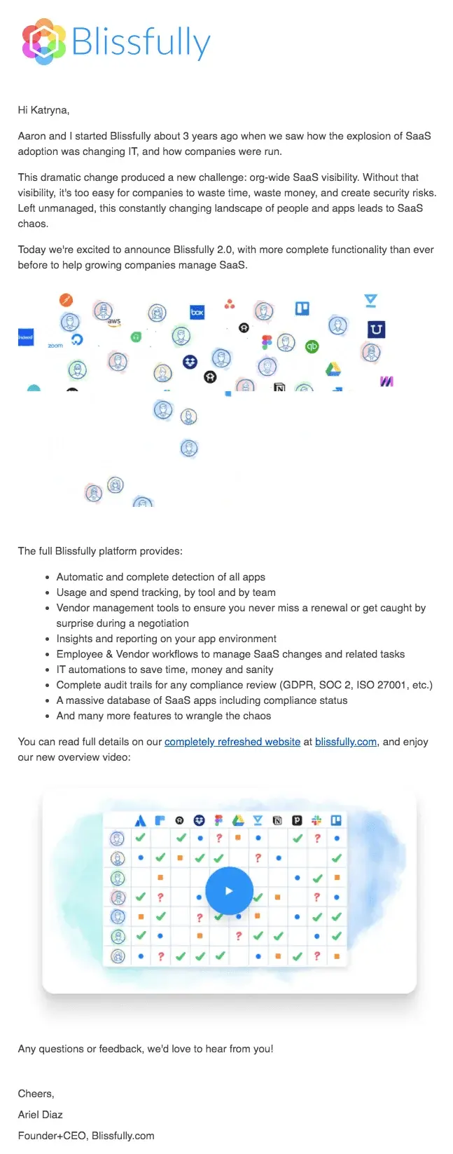Blissfully website UI redesign launch email