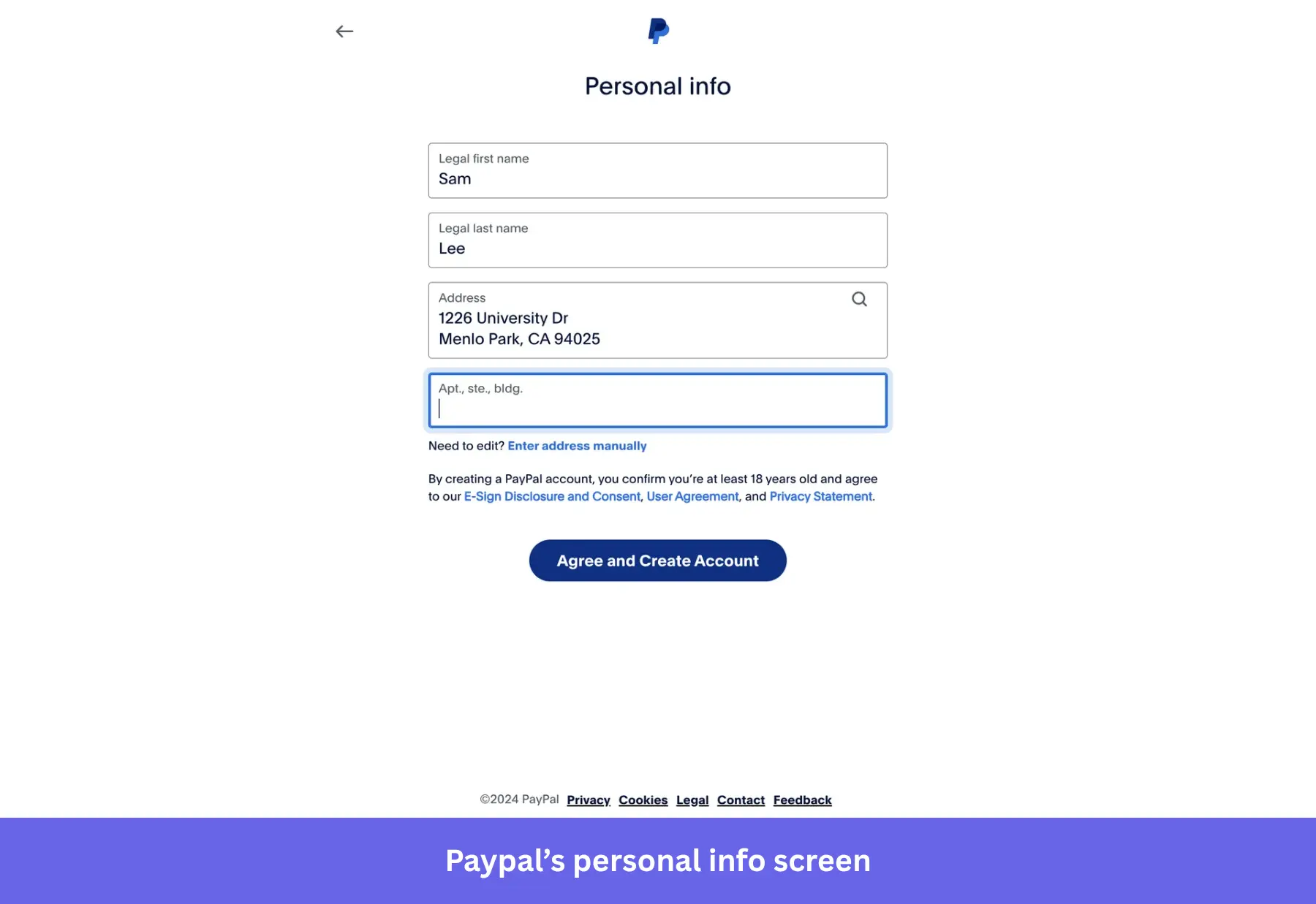 Paypal building trust with clear guidance and background checks. Paypal screen for collecting personal info.