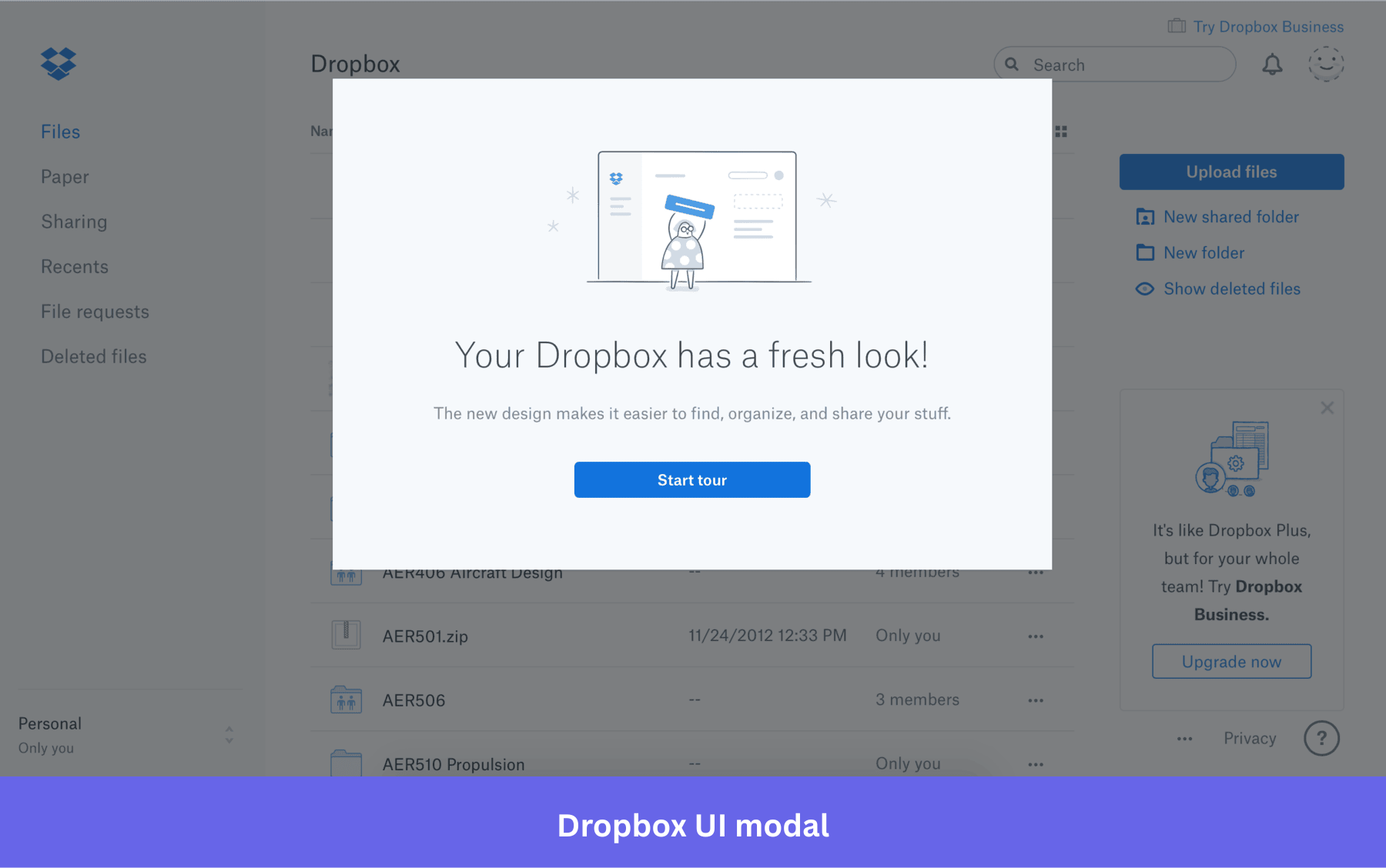 Dropbox's new UI announcement modal