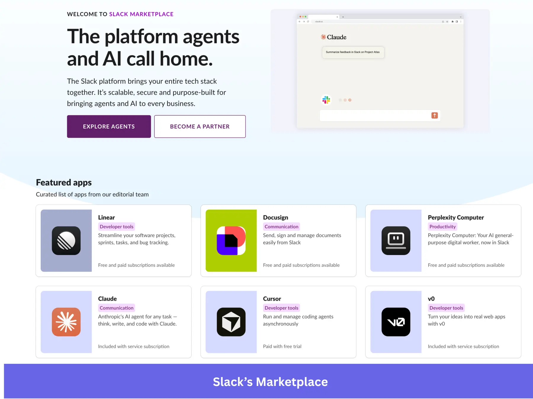 Screenshot of Slack's Marketpalce as a customer acquisition strategy example.
