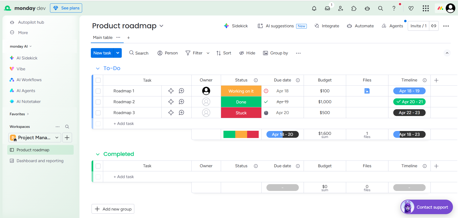 Monday's dashboard after signup