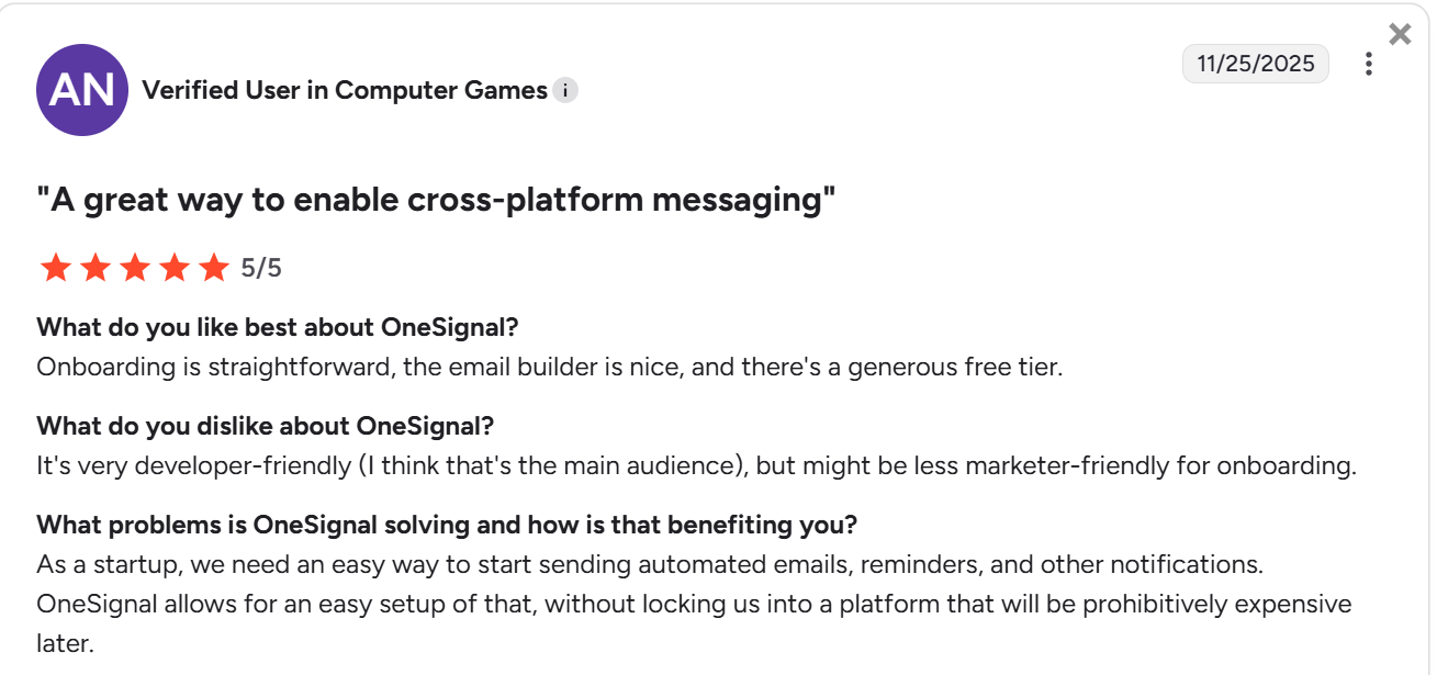G2 reviewer mentioning that OneSignal is developer-friendly.