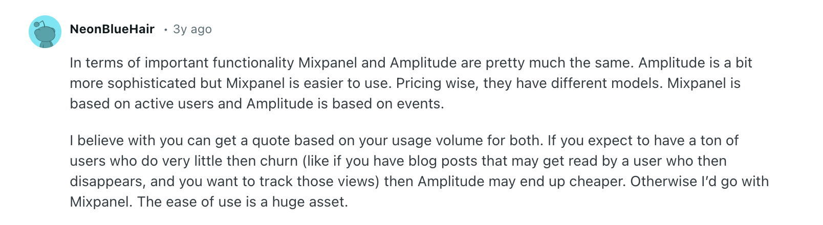 Reddit comment comparing Amplitude and Mixpanel.