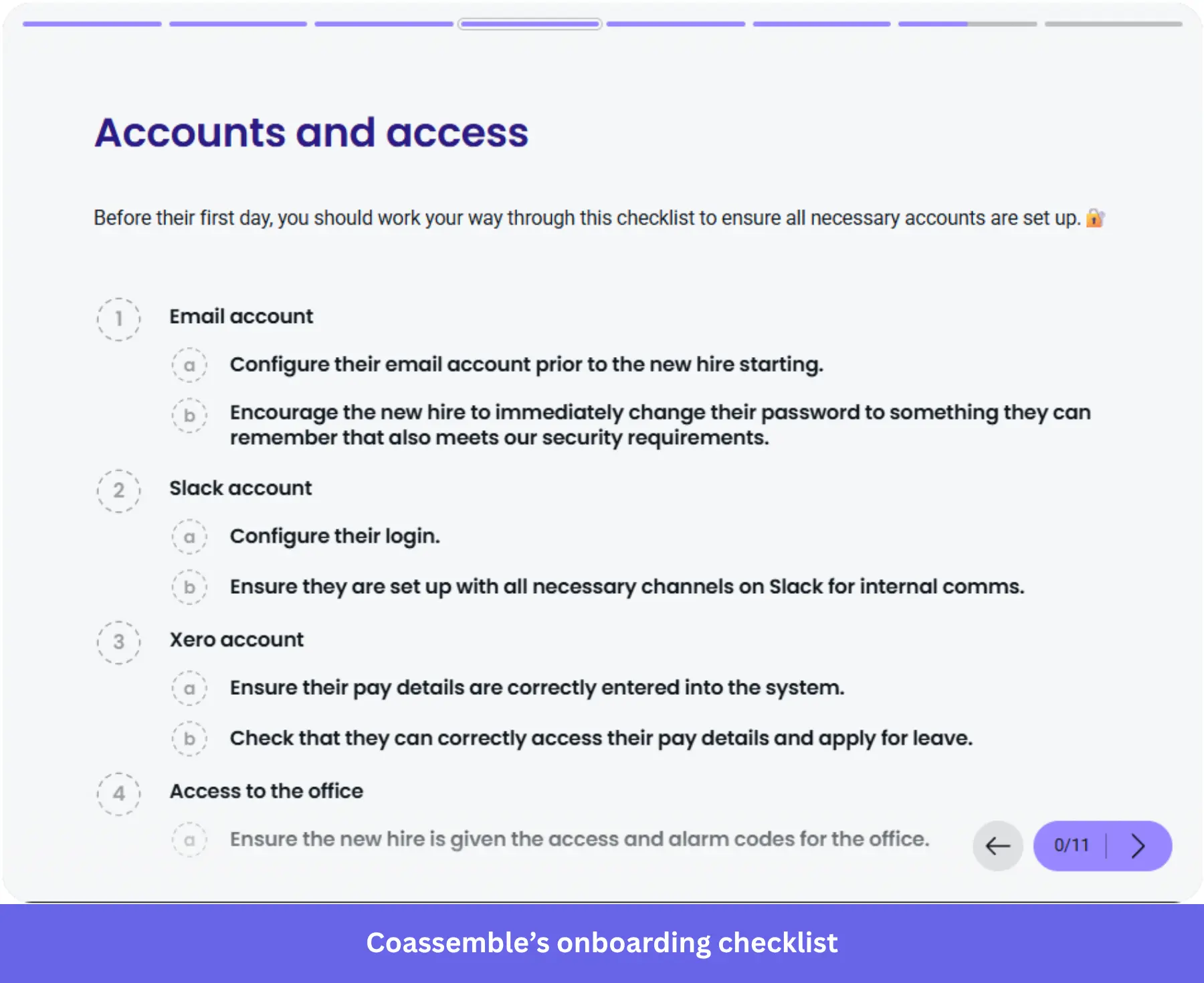 Coassemble checklist with onboarding steps for a smooth transition.