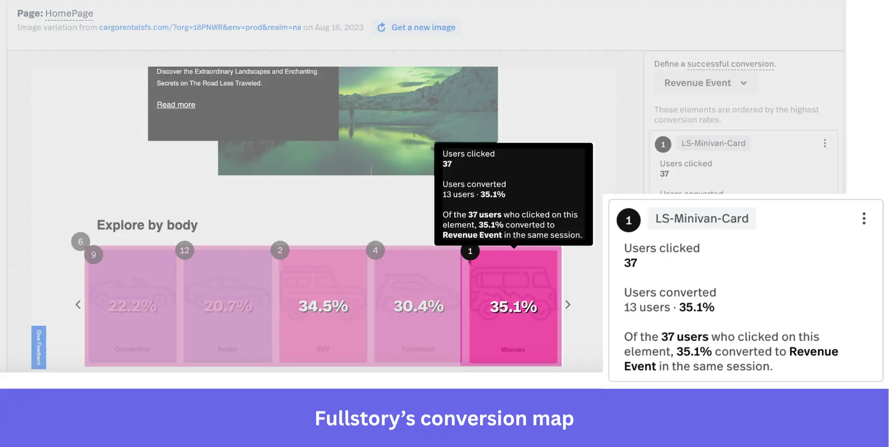 Fullstory conversion heatmaps. Example of a conversion map on Fullstory.