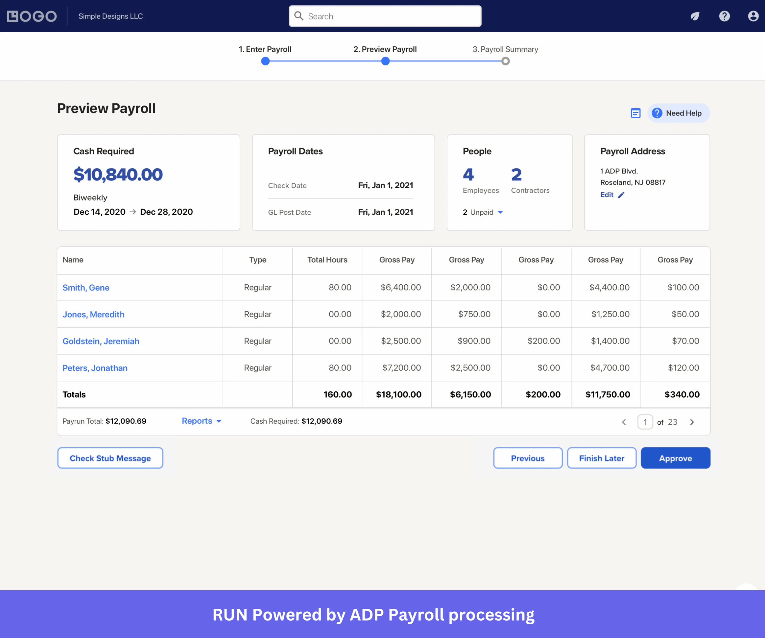 RUN Powered by ADP's payroll processing feature