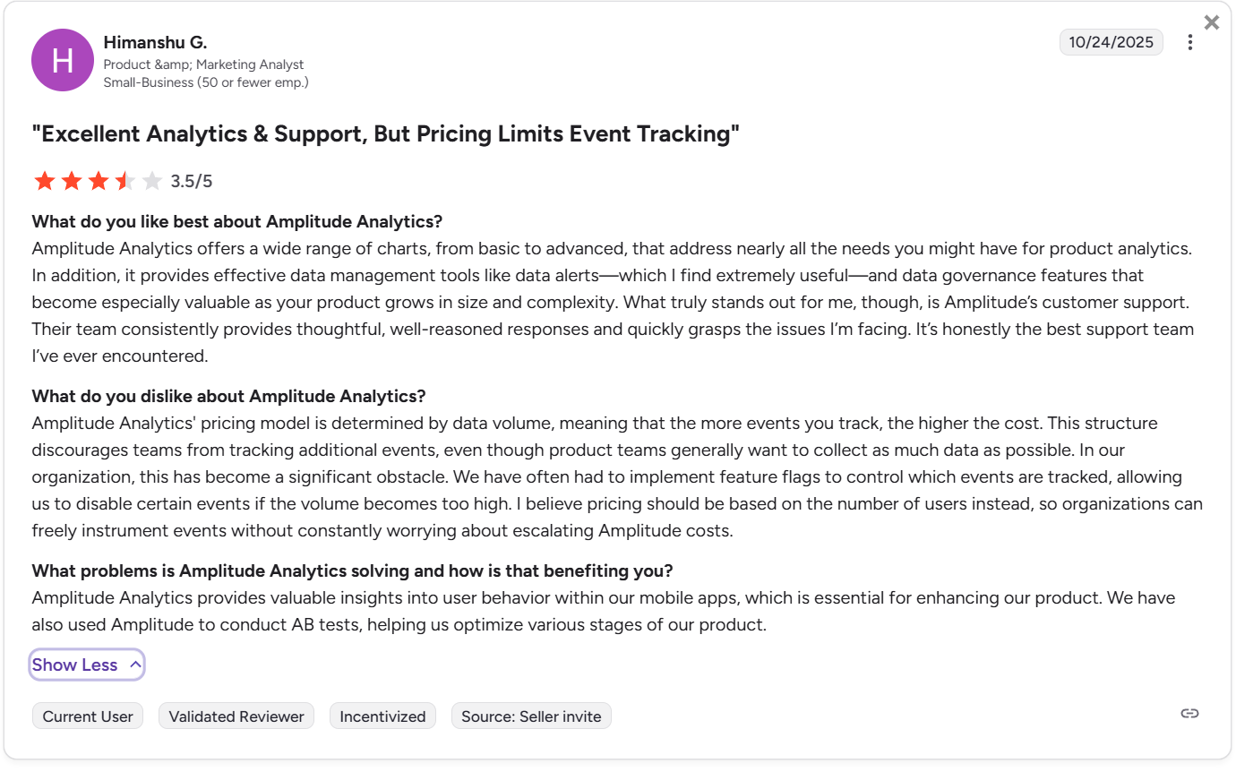 Amplitude G2 review. Amplitude's MTU-based pricing can be prohibitive for small or even mid-sized teams.