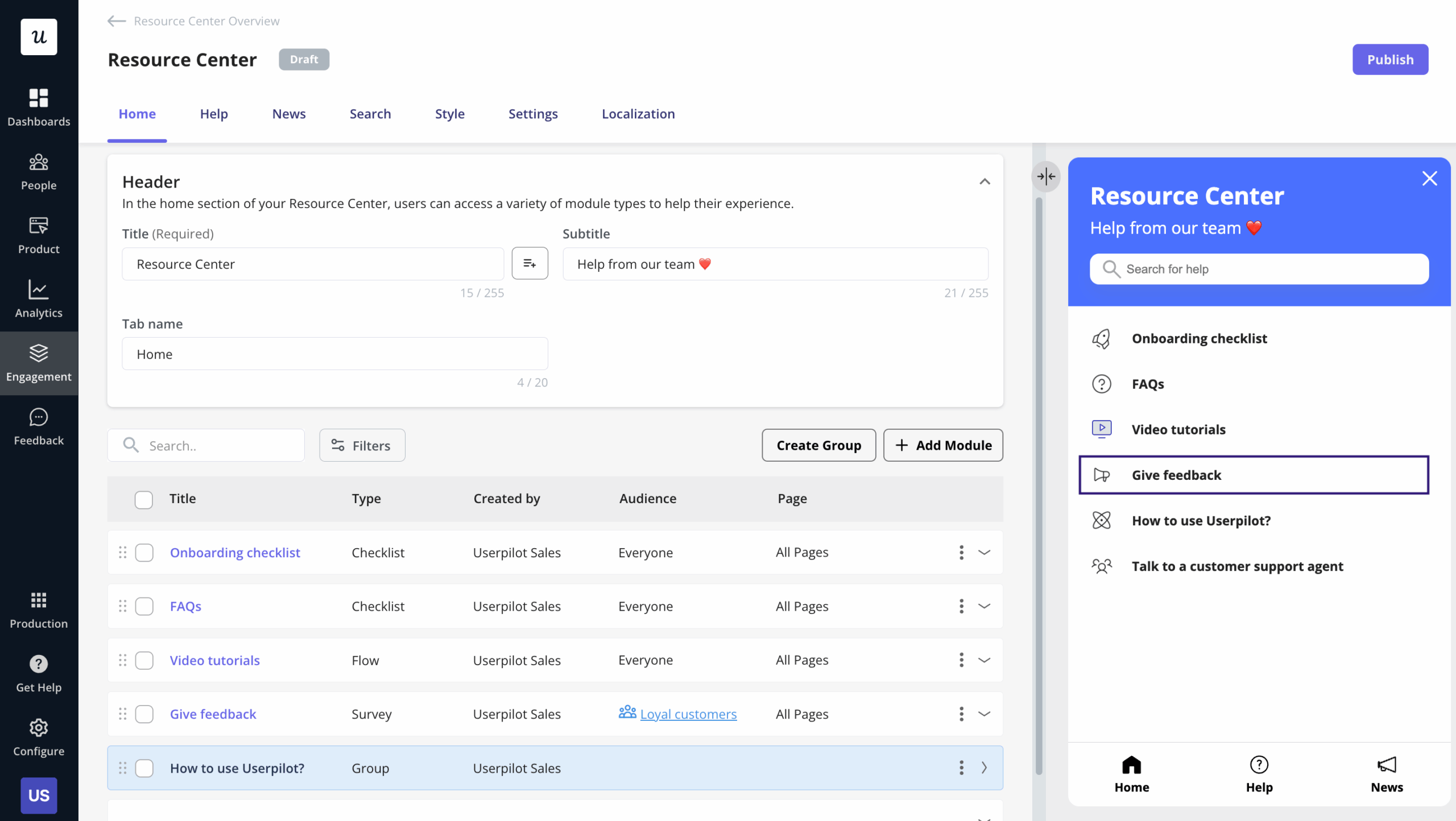 Embed a feedback widget in a resource center with Userpilot.