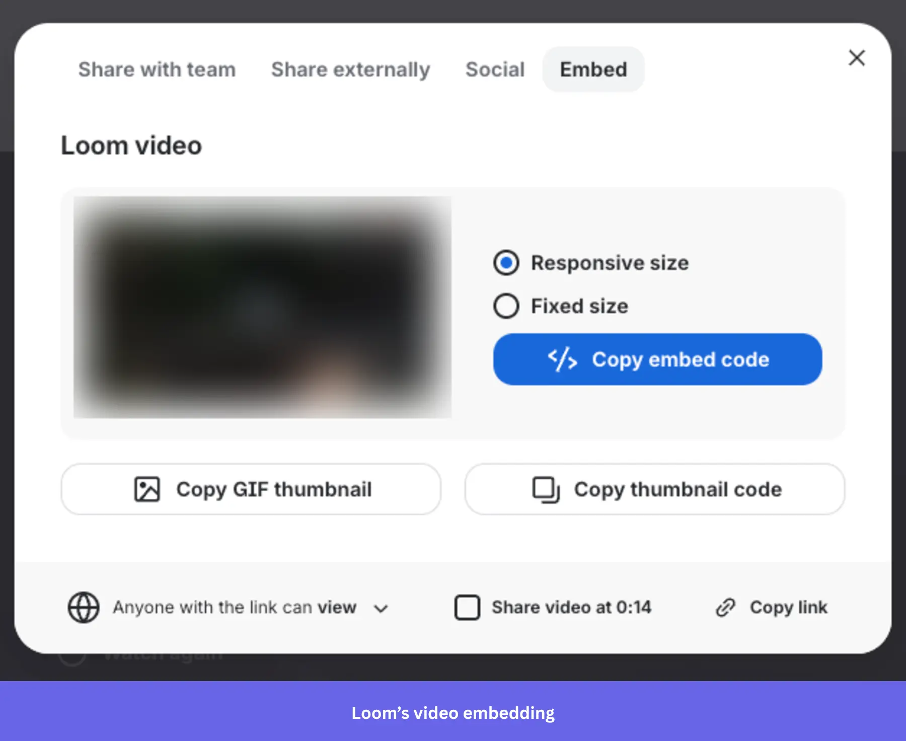 Screenshot of the Loom video sharing and embed modal.
