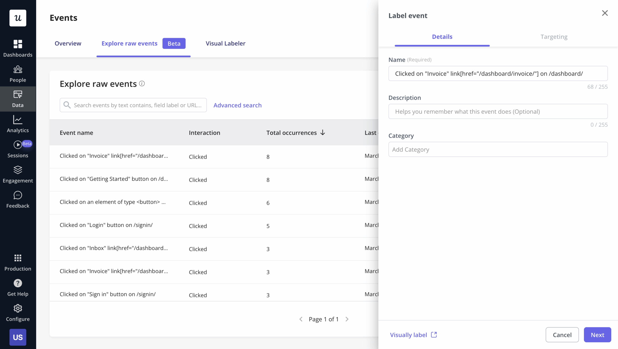 Userpilot labeling raw events.