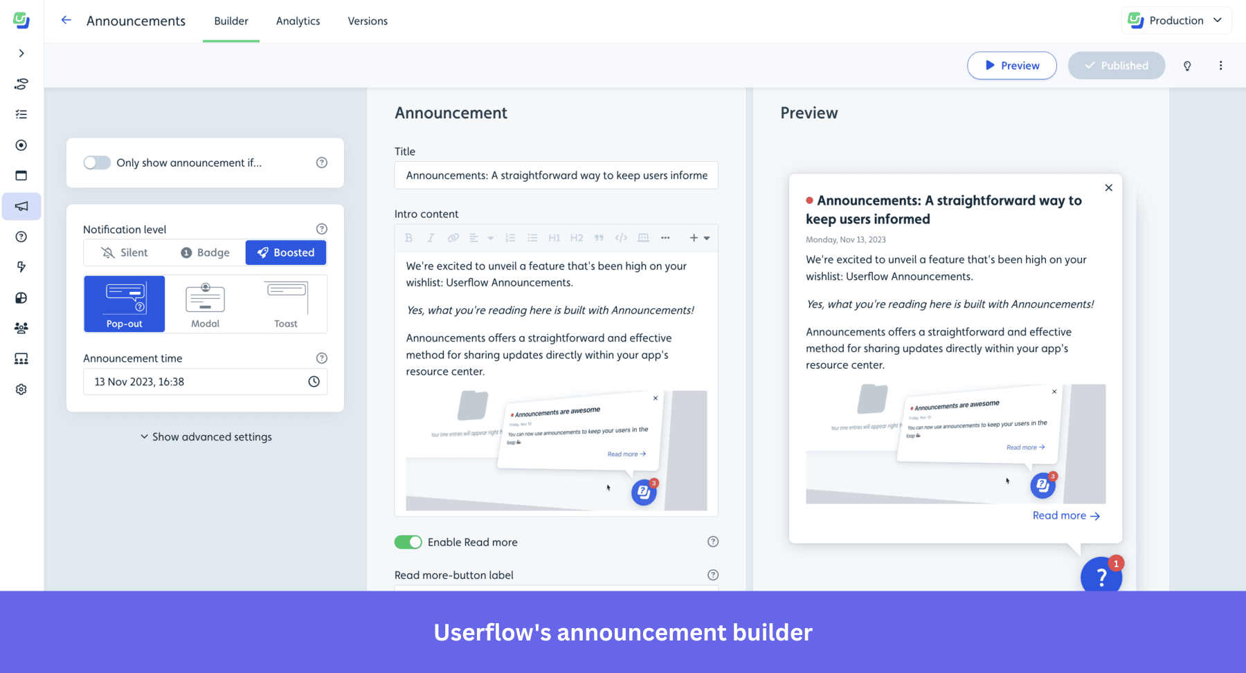 Userflow announcement builder