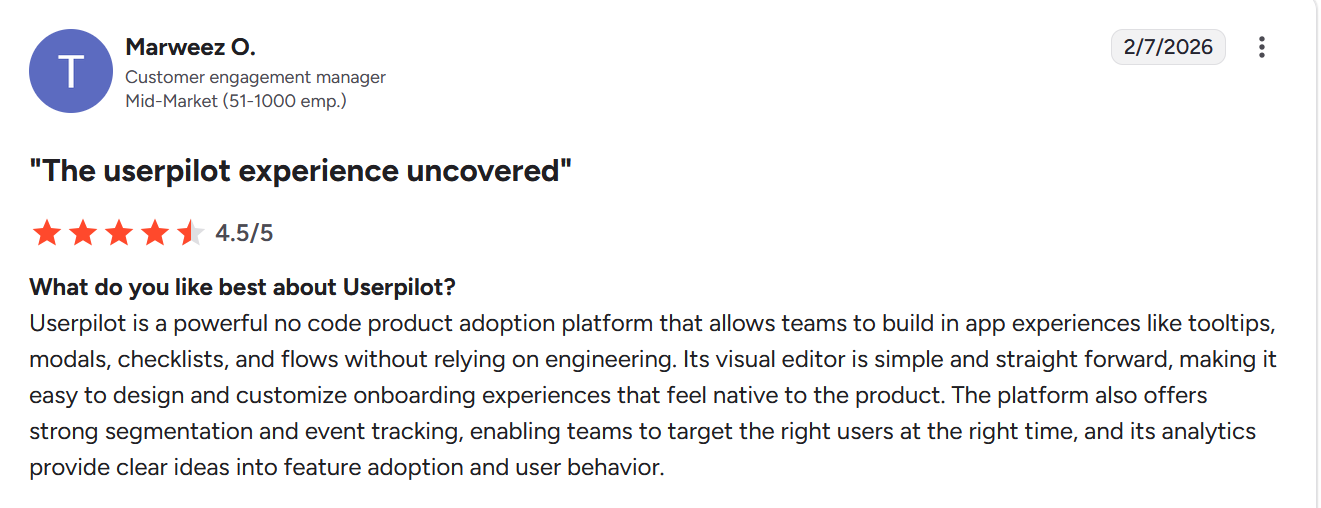 G2 review on Userpilot's engagement and analytics features.
