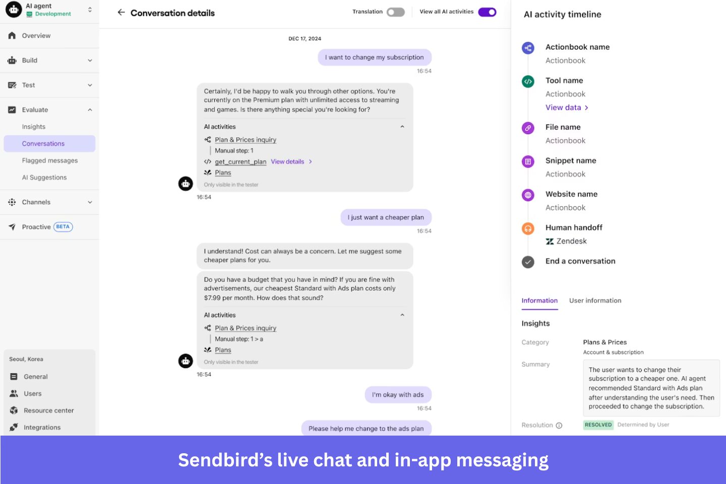 Sendbird's live chat and in-app messaging feature